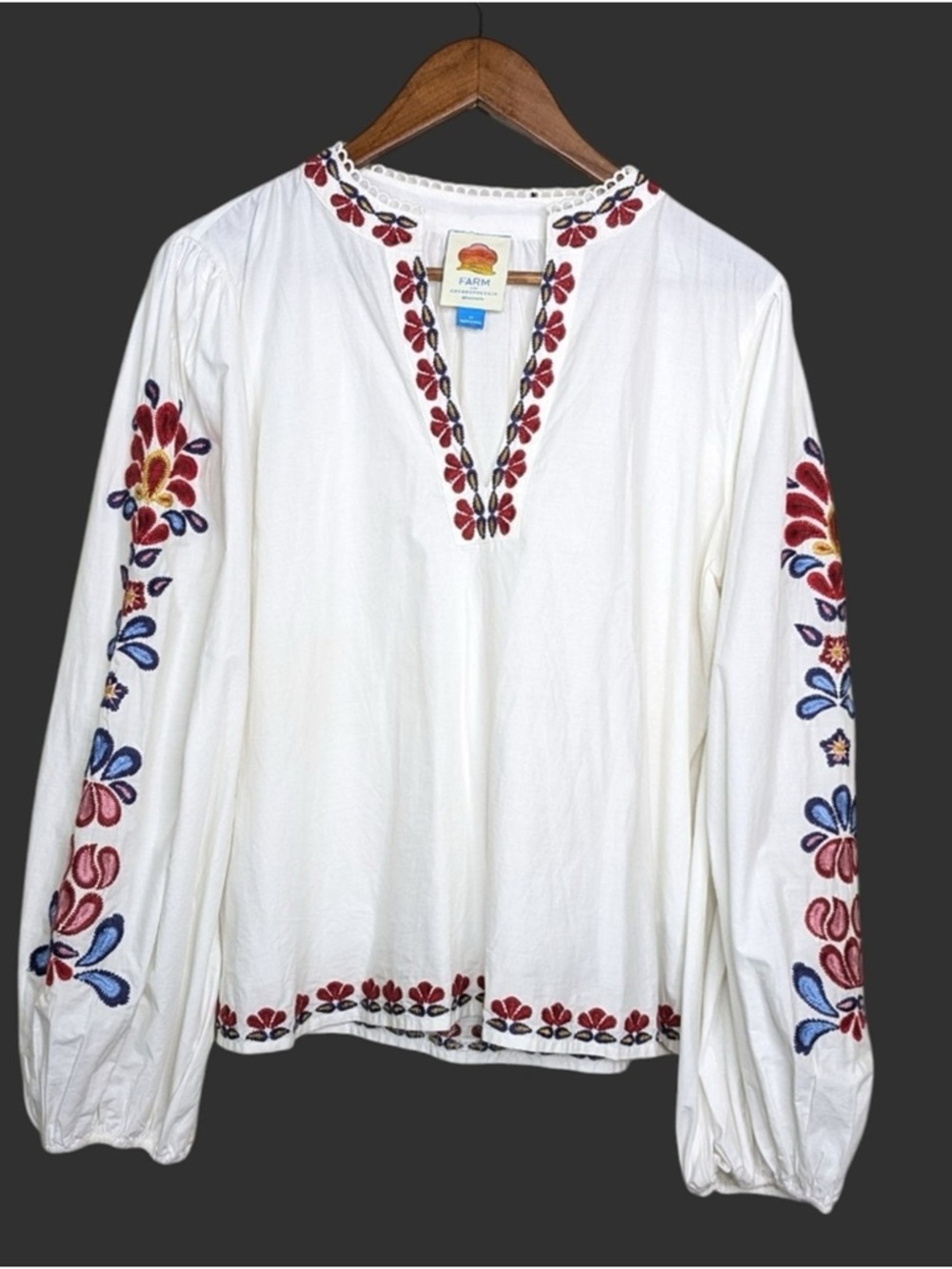 FARM Rio White Tunic with Red, Blue & Gold Floral Embroidery